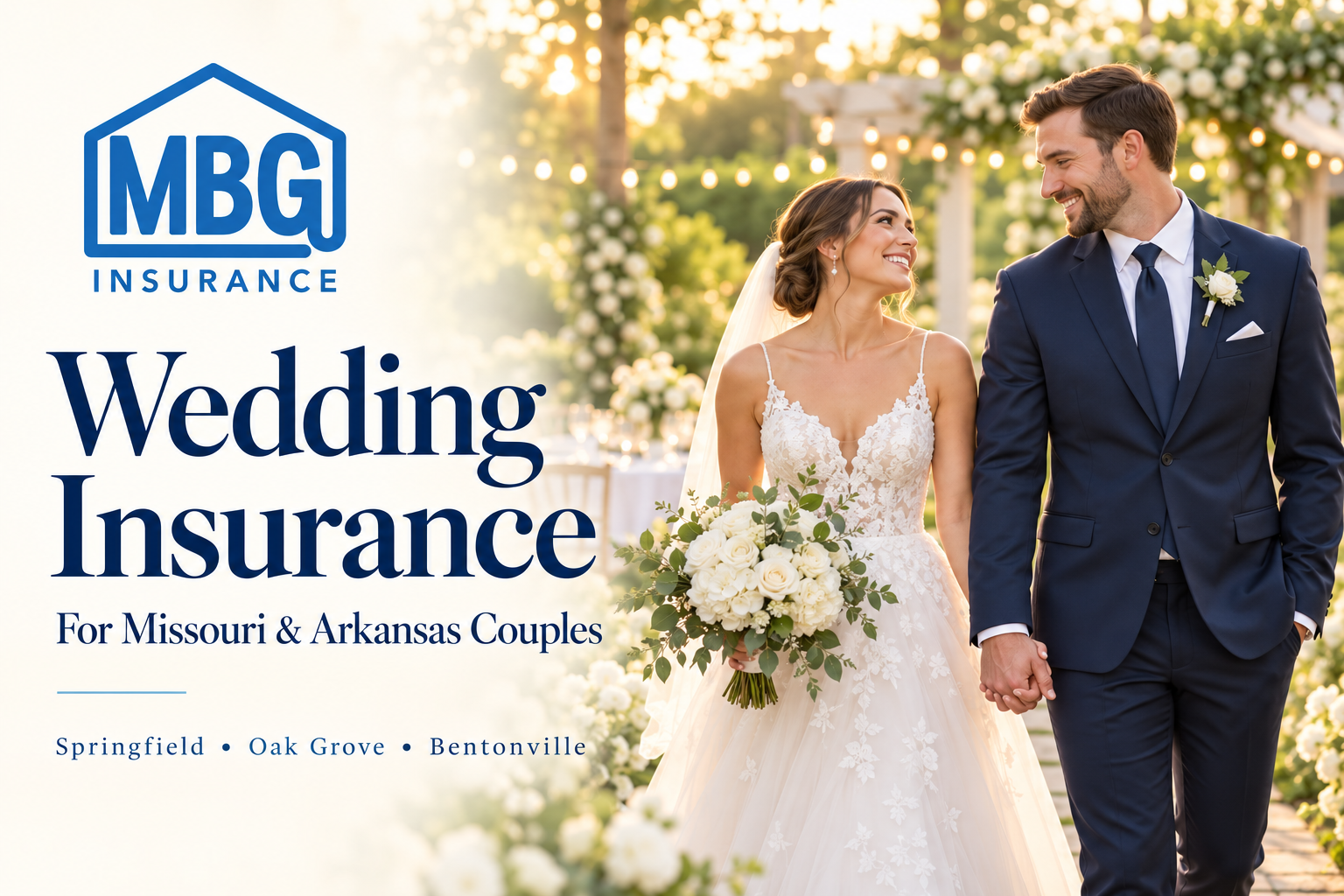 Bride and groom holding hands at an outdoor wedding, with the MBG Insurance logo and wedding insurance information for Missouri and Arkansas couples.