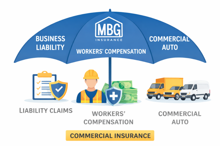 MBG Insurance umbrella illustration showing business liability, workers’ compensation, and commercial auto coverage above claims, worker, and vehicle icons.