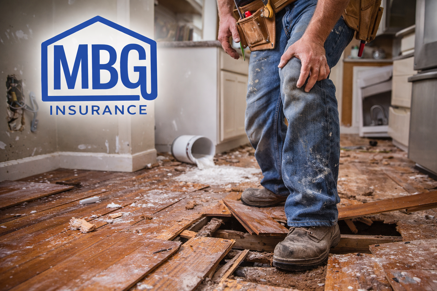 Contractor standing in broken floorboards on a job site, illustrating the injury risk when a subcontractor has no workers’ comp.