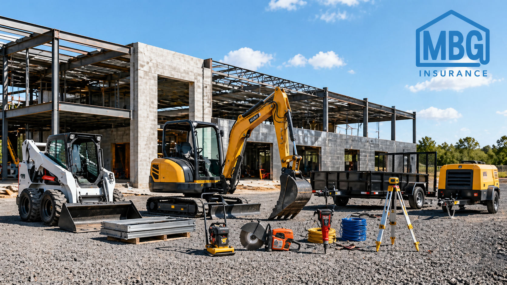 kid steer, excavator, utility trailer, and contractor tools at a commercial construction site with the MBG Insurance logo.