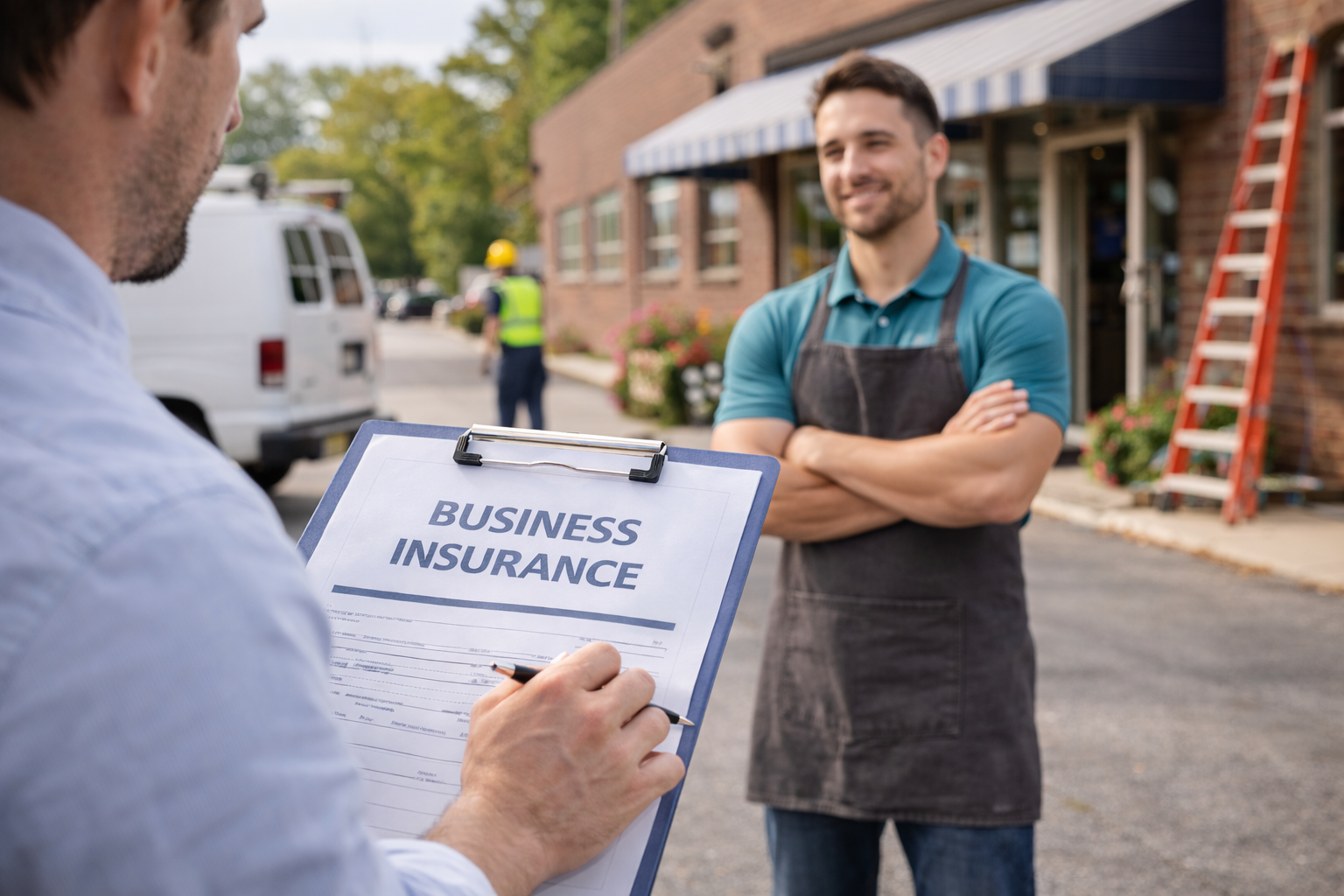 Insurance agent reviewing an insurance policy with a small business client