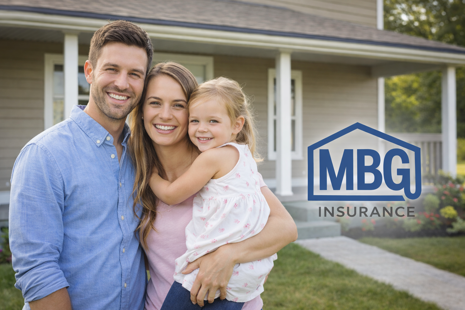 Young Family standing in front of a home.