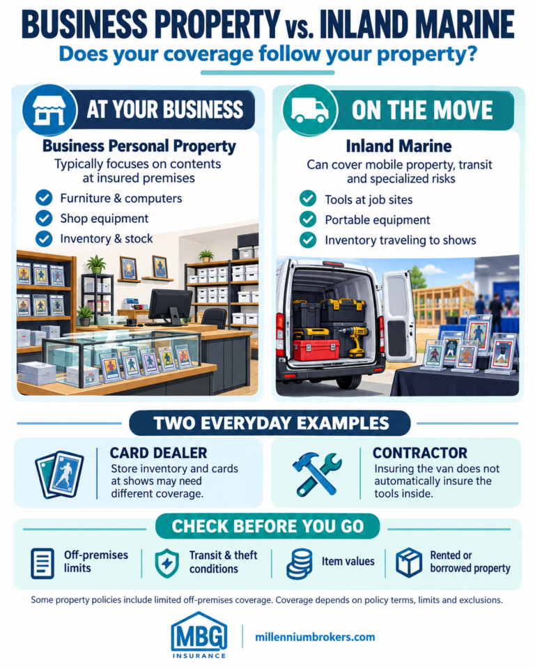 MBG Insurance infographic comparing business personal property coverage at insured premises with inland marine coverage for mobile tools, equipment and collectible inventory traveling to shows.