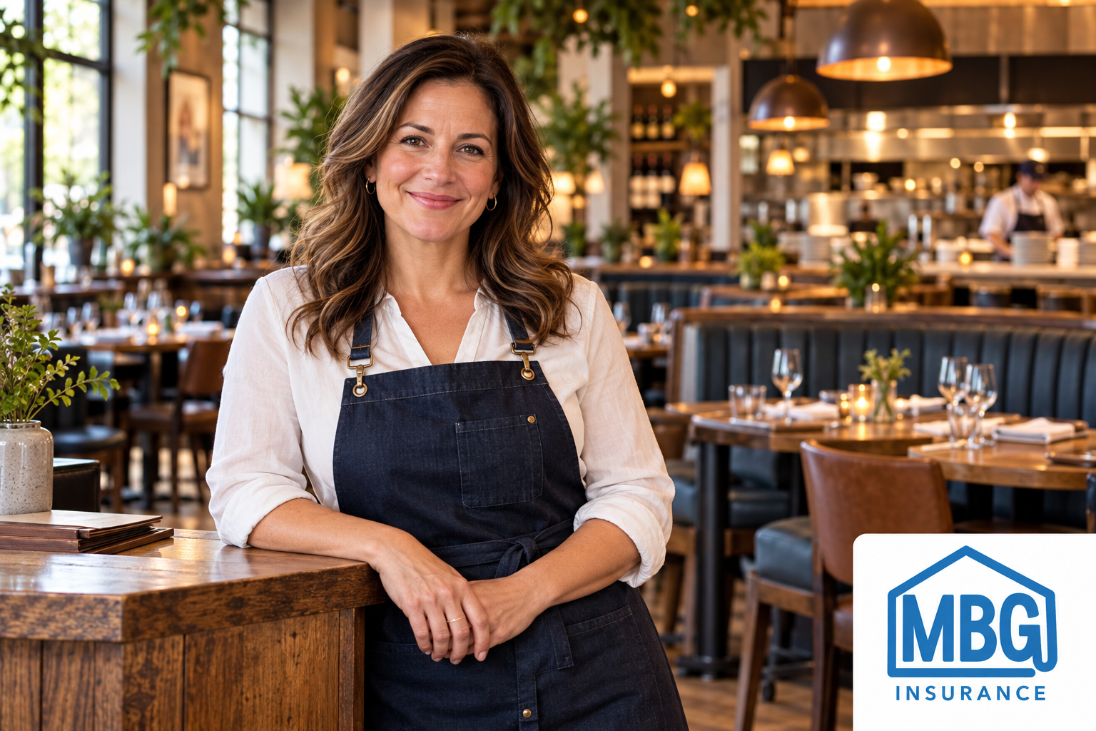 Woman leaning on a counter in her restaurant, MBG Logo in corner