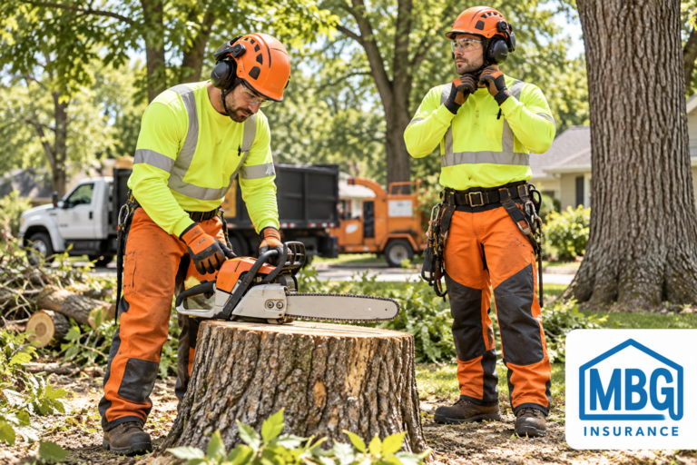 Tree-care professionals wearing protective equipment during a job-site safety check, with the MBG Insurance logo.