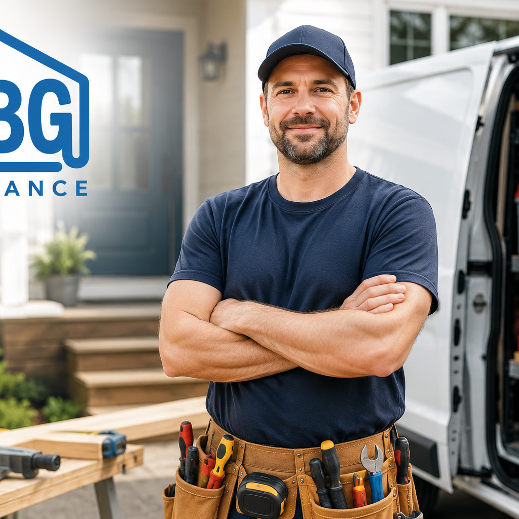 Man in front of work truck.