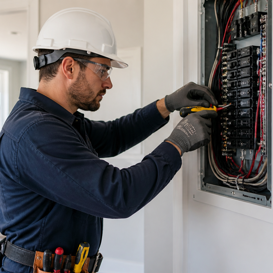 Residential Electrician working on breaker box