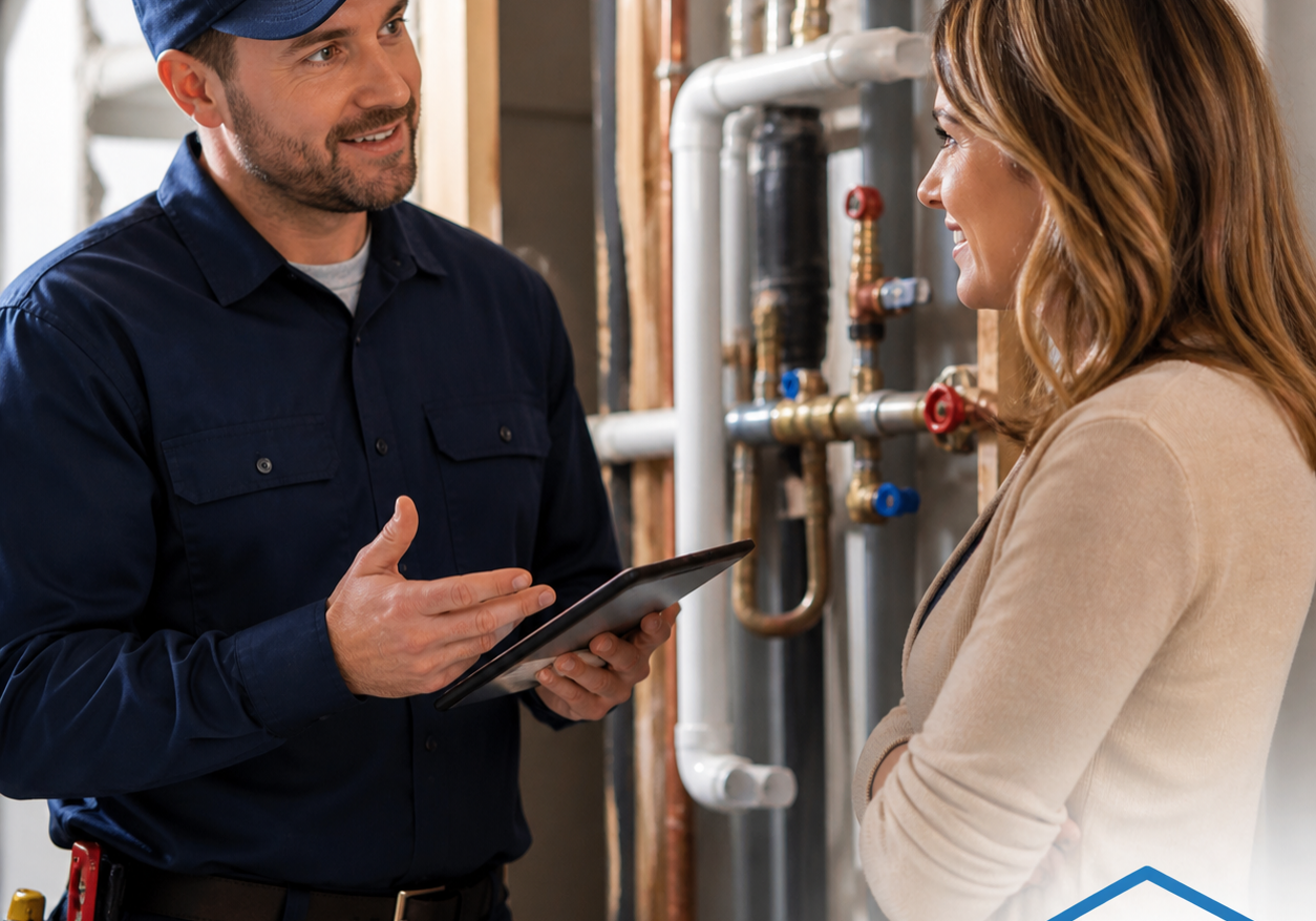 Plumber explaining issue to homeowner