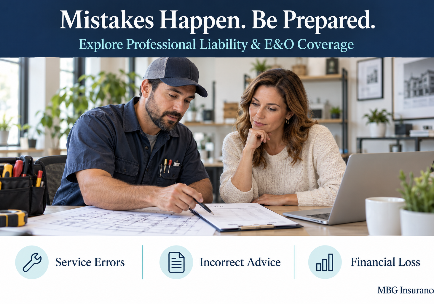 Contractor and business owner reviewing project documents, with MBG Insurance professional liability messaging highlighting service errors, incorrect advice, and financial loss.