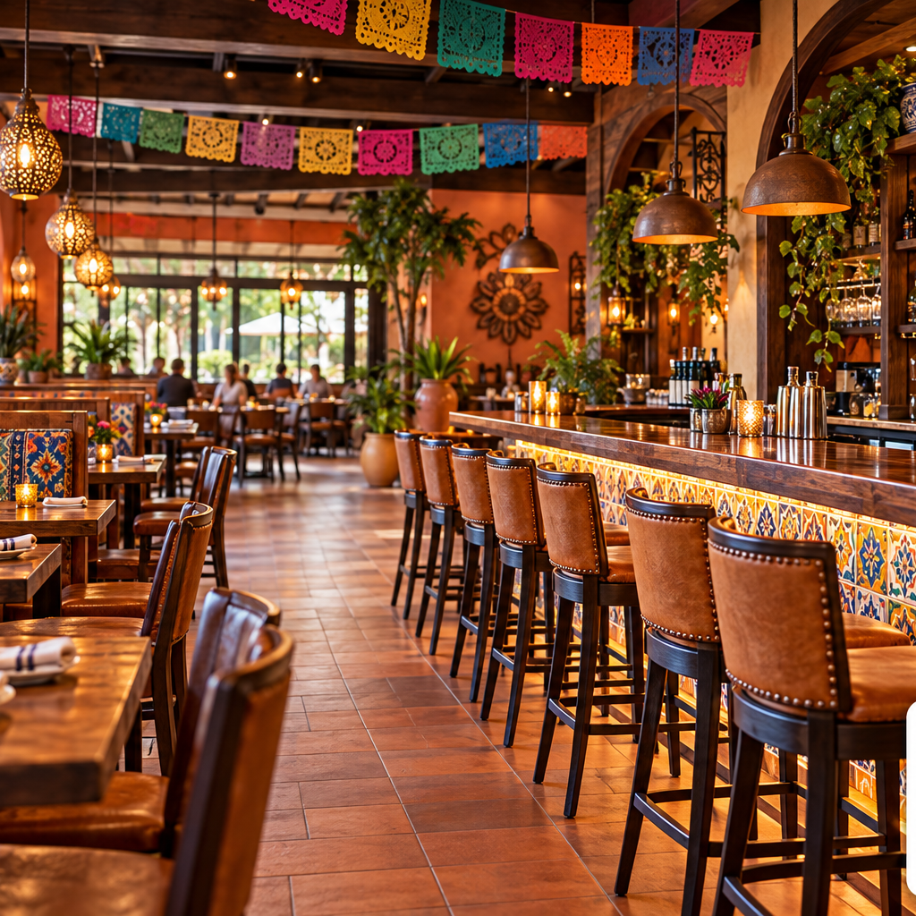 Mexican restaurant interior with colorful tile, dining tables, and a full bar, featuring the MBG Insurance logo.