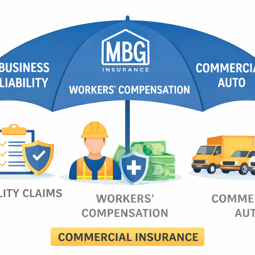 MBG Insurance umbrella illustration showing business liability, workers’ compensation, and commercial auto coverage above claims, worker, and vehicle icons.