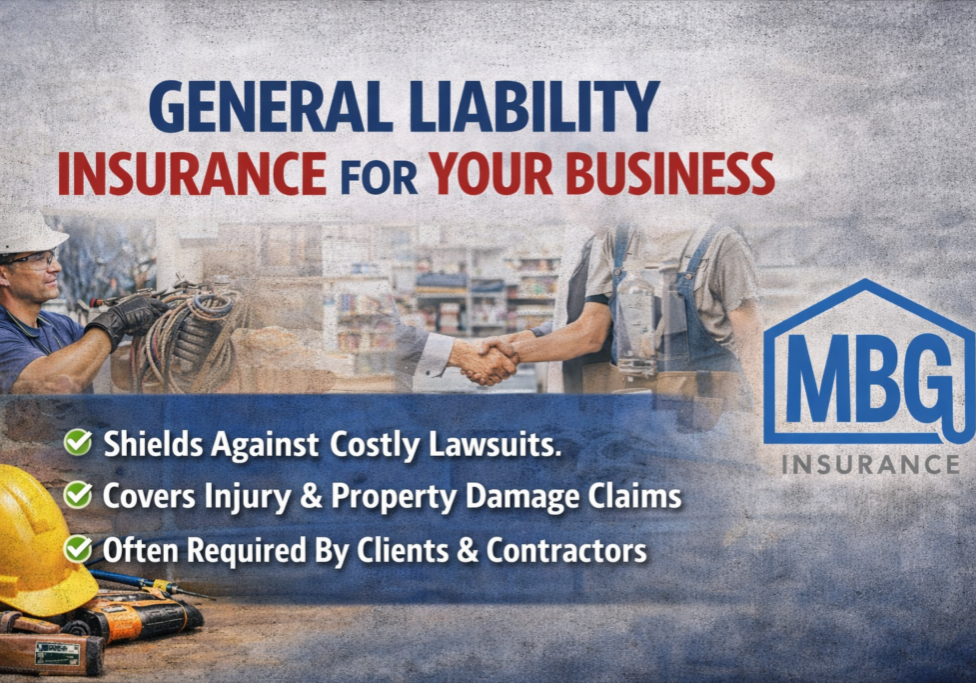 MBG Insurance graphic highlighting general liability coverage for business injury and property damage claims, lawsuits, and contractor requirements.