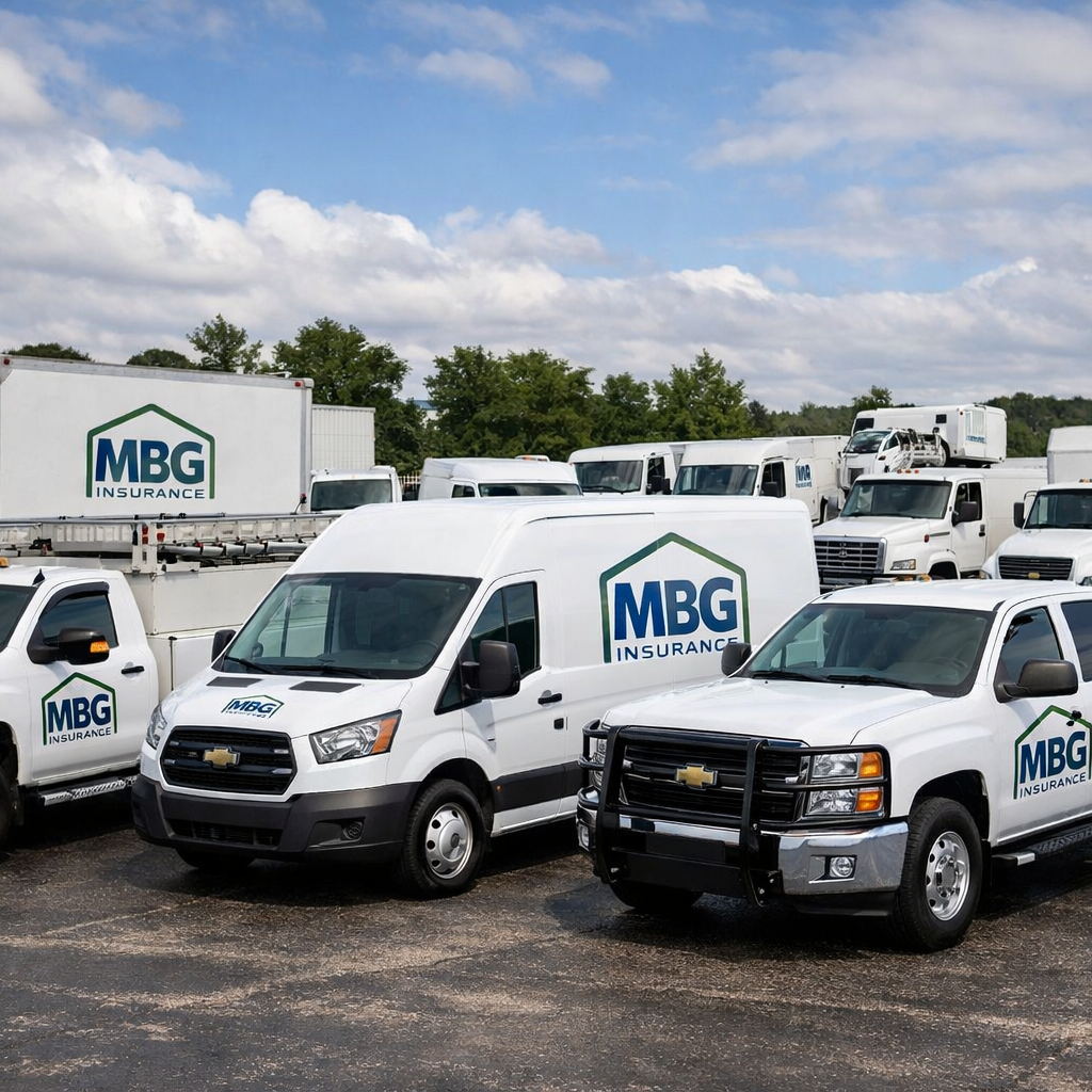 Fleet of service vans, pickup trucks, and box trucks displaying MBG Insurance logos in a commercial parking lot.